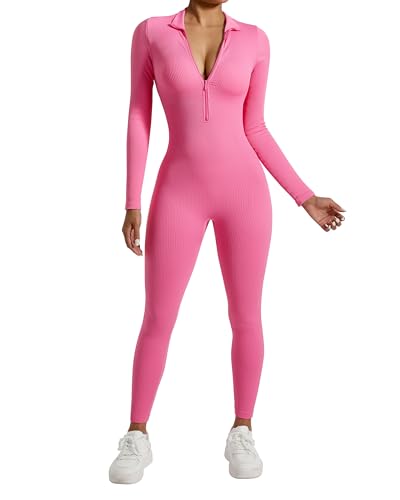 OMKAGI Women Long Sleeve Zip Front One Piece Jumpsuits Ribbed High Neck Workout Yoga Romper(S,WC2006-Rose Nint Pink)