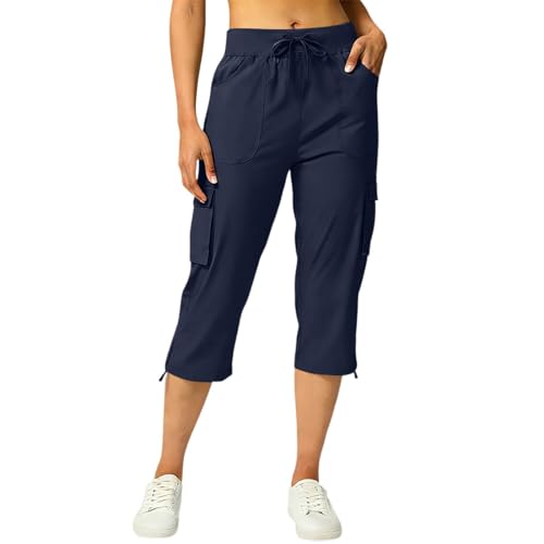 Pantalon en lin femme taille haute : pantalon capri coton léger avec poches