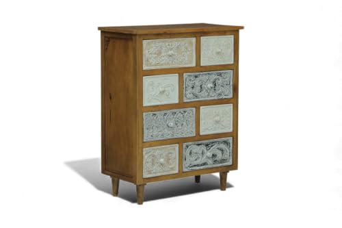 Image of Solid Wood Udaipur Chest of Drawers | 8-Drawer Wooden Dresser with Storage | Light Brown Distressed Finish
