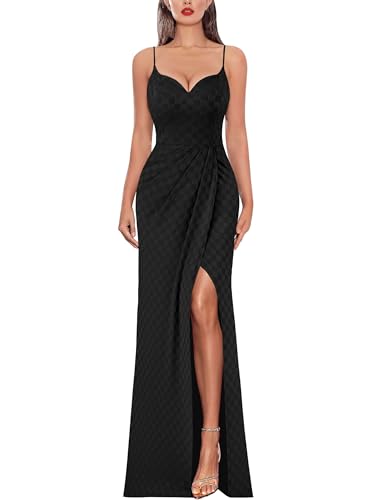 Image of VFSHOW Womens Sexy Formal Ruched Fitted High Slit Bodycon Maxi Dress Spaghetti Strap Sweetheart Cocktail Prom Evening Gown
