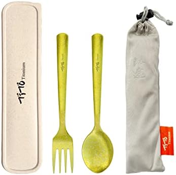 TiTo Titanium Outdoor Fork Spoon Cutlery Ultralight Environmental Holder Forks Set Spoon Utensils for Camping and Outdoor Hiking (Gold)