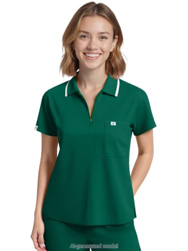 Image of Scrub Tops for Women, Medical Short Length Zip-Front Polo Scrub Top