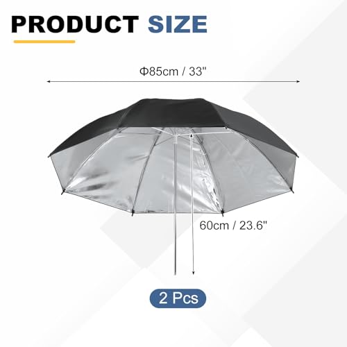 Image of 2 Pcs Photography Umbrella Lighting, 33 Inch Dia Parabolic Reflective Umbrella Accessories with Silver Inner, Fits Studio /Photo /Video /Shooting /Flash /Camera, Black