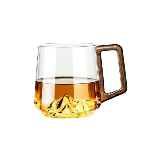 Navna Tasse en verre sculpté à fond de montagne avec poignée en bois et esthétique rétro pour les fêtes, usage quotidien, tasse à café et thé avec poignée en...