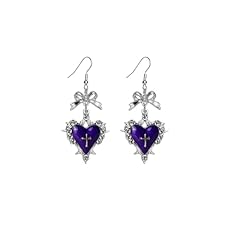 Gothic Purple Bow Heart Cross Earring