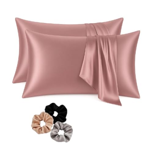 Image of Satin Pillow Covers Set of 2 with 3 Free Random Color Hair Scrunchies - Anti-Frizz, Skin-Friendly, Soft & Durable Pillowcase Set for All Hair Types (Pink)
