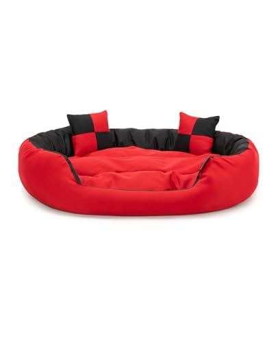 lionto Hundebett 4-in-1 mit Wendekissen aus robustem Oxford, 65x50 cm, Heimtierkissen Kratzfest mit tiefem Einstieg für Katzen und Hunde Aller Größen, inkl. Zierkissen, wasserabweisend, rot/schwarz