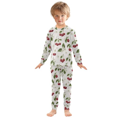 Pajama Sets Long Sleeve Cherry White Flowers Pattern Soft Comfy Sleepwear 2 Piece PJS 3-8T2