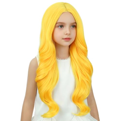 Image of Women Gold Yellow Wig Women Long Yellow Wavy Curly Wig Long Middle Part Wigs for Women Heat Resistant Synthetic Wigs with Cap