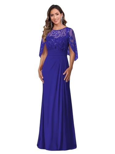 Image of Mother of The Bride Dresses - Long Chiffon Lace Appliques Cape Sleeve Ruched Waist Formal Evening Gown for Women