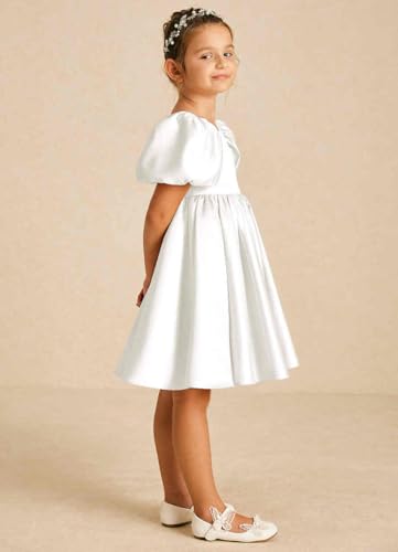 Satin Flower Girl Dress Backless Princess Pageant Junior Bridesmaid Dresses Puff Sleeves Birthday Gowns with Bow3