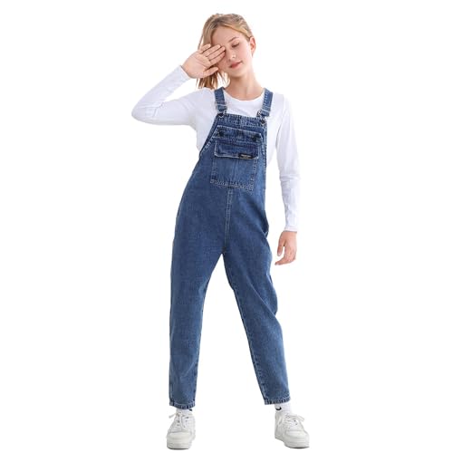 Rolanko Girls Overalls Denim Bib Distressed Jumpsuit Kids Blue Baggy Jean Pants with Pockets (10-12) - image 2