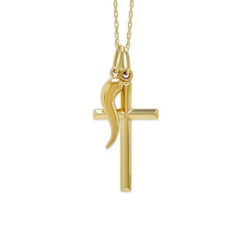 Gold Italian Horn Charm Cross Necklace- 10 Karat - Cornicello Pendant - Religious Cross