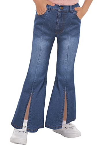 Youth Button Up Flare Jeans Girls Bell Bottom Wide Leg Denim Pants Baggy Trousers with Pocket