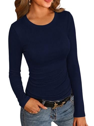 Womens Ribbed Long Sleeve Shirts Tops Fitted Tshirts Basic Slim Fit Tight Tee Shirt Fall Going Out Top Fall 2025 Navy