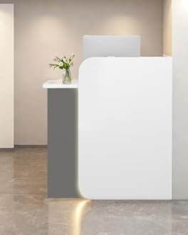 Reception Desk Office Checkout Counter, Modern Front Desk Reception Counter Desk with Lockable Drawer Simple Retail Counter for Retail, Lobby, Beauty Salon Clothing Store(Gray+White,32" Lx18 Wx39 H)