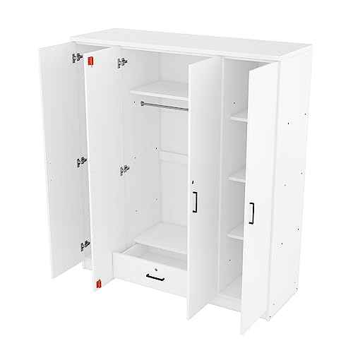 Quarte Modern 4-Door Wardrobe with Drawers, Shelves and Hanging Rail, Freestanding Armoire Wardrobe Closet, Clothes Storage Cabinet Organizer (White+4-Door)