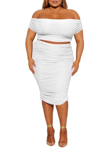 HESUUIO Women's Sexy Two Piece Skirt Set Mesh Off Shoulder Bodycon Ruched Midi Cocktail Party Dress Club Outfit3