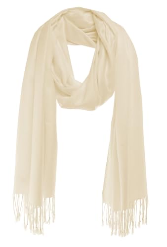 Bovari Schal Pashmina aus Premium Viskose - weich wie Kaschmir - glänzend wie Seide - 200x70 cm XL Damen-Schal (off white/creme weiß)