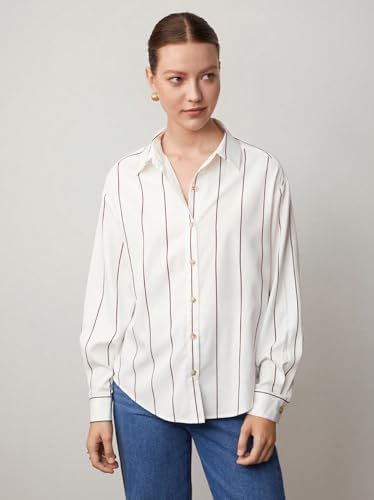 Image of Aahwan Orange Solid Button Up Drop Shoulder Striped Print Casual Formal Long Sleeve Shirt for Women's & Girl's