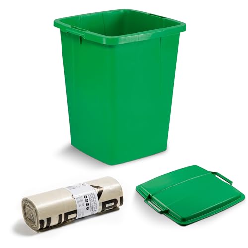 DURABIN - Cubo de basura rectangular verde de 90 litros y tapa verde y bolsas de basura de 110 L, paquete de 25 bolsas de plástico resistentes para reciclaje de basura, seguras para alimentos, con