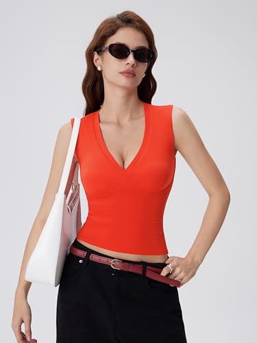 Image of SUUKSESS Women Built in Bra V Neck Tank Tops Double Lined Summer Going Out Camisole Tops