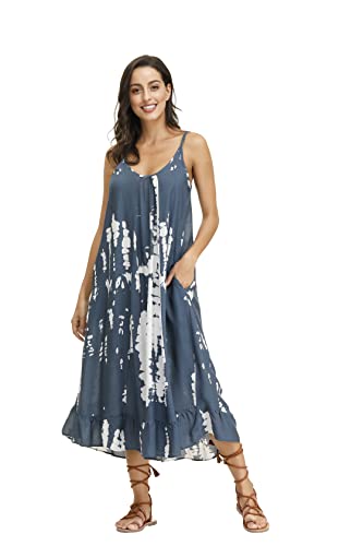 Image of BUENOS NINOS Women's V Neck Floral Maxi Dress Boho Printed Adjustable Spaghetti Strap Ethnic Beach Long Dress with Pockets