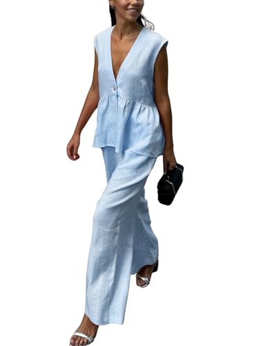 chouyatou Women's Casual 2 Piece Outfits Peplum Ruffle Tank Top