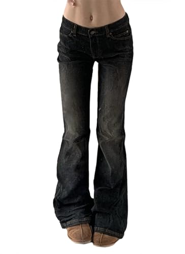 Women Bell Bottom Jeans Stretchy Flare Mid Rise Embroidery Vintage Denim Pants 90s Outfits Y2k Clothes Black Solid