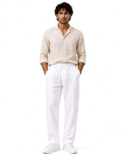 Image of Linen Pants for man || Relaxed Fit Casual Trousers for Men || Men's Lightweight Breathable Pants || Elastic Waist with Drawstring || All Season Pant for Regular, Travel & Office Wear