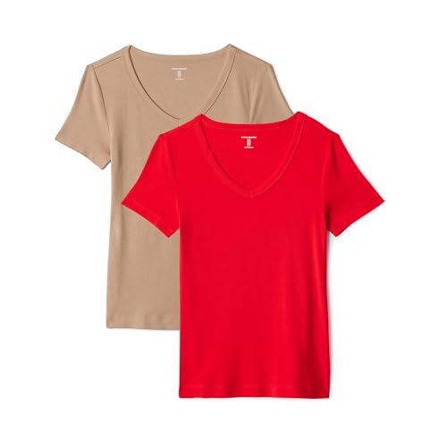 Amazon Essentials Womens 2-Pack Slim-Fit Short-Sleeve V-Neck T-Shirt Pack of 2 Bright Poppy Red/Tan Medium