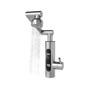 Fudeer 220V Edelstahl Elektrischer Wasserhahn mit Durchlauferhitzer,3.3 kW schnelle Erwärmung für Küche & Bad, 2 Sprühmodi, 1080° Schwenkbar, Digitales Temperaturdisplay 30-45°C (Silber)