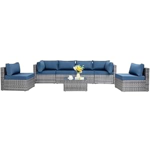 Shintenchi 7 Pieces Outdoor Patio Sectional Sofa Couch, Silver Gray PE Wicker Furniture Conversation Sets with Washable Cushions & Glass Coffee Table for Garden, Poolside, Backyard (Aegean Blue)
