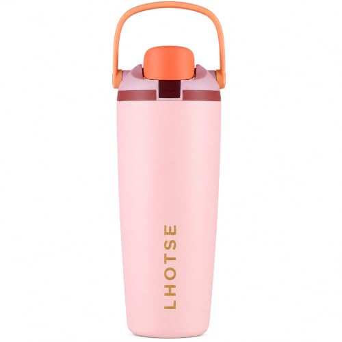 Image of LHOTSE Gym Water Bottle 30oz - Leak Proof Lock Lid, Matte Metallic Finish, Carry Handle, Durable Stainless Steel, Perfect for Workout & Sports (Pastel Pink, 900 ML)
