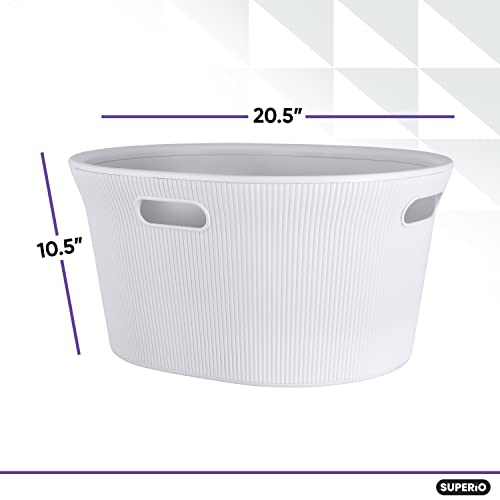 Image of Superio Ribbed Collection - Decorative Plastic Laundry Basket with Cut-Out Handles, White Smoke (1 Pack) Hamper Organzier for Bedroom Bathroom College Dorm Room 35 Liter
