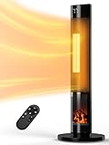 Landeagle Space Heaters for Indoor, 34”Large PTC Ceramic Heater with Flame, 1500W Electric with Thermostat, 90°Oscillating Portable Tower Heater with Remote for Room, Bedroom, Home, Office, Ink Black
