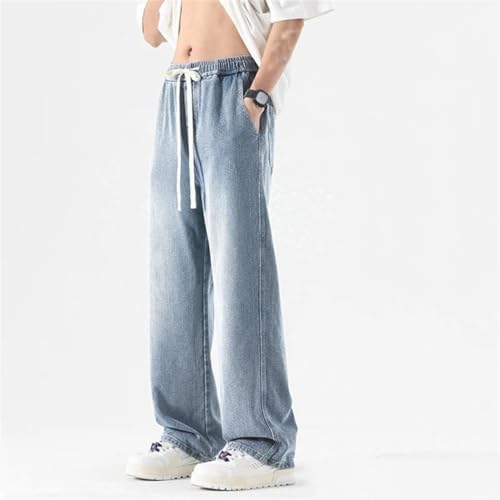 Men Straight Jeans Elastic Waist Drawstring Wide Leg Pants Vintage Casual Trousers2