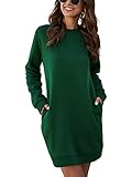 ORANDESIGNE Damen Einfarbiger Pullover Kleid Rundhals Lange Ärmel Lässiger Pullover Sweatshirt Kleid Tops Herbst Winter Kurz Kleid Sweatkleid mit Taschen Minikleid Grün S