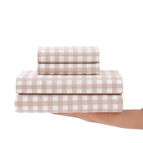 Image of Stone Cottage - Sheet Set, Crisp & Breathable Percale Cotton Bedding with Matching Pillowcases, 200-Thread Count, Deep Pocket, Vintage Inspired Home Essentials (Cottage Check Beige, King)