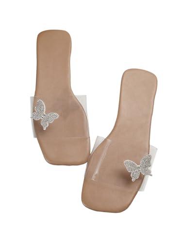 GORGLITTER Women's Clear Strap Flat Sandals Rhinestone Butterfly Slip On Slide Sandal