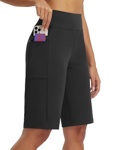 BALEAF Bermudas de cintura alta para correr para mujer, pantalones cortos deportivos con bolsillos con cremallera, Bolsillos negros con cremallera, XL