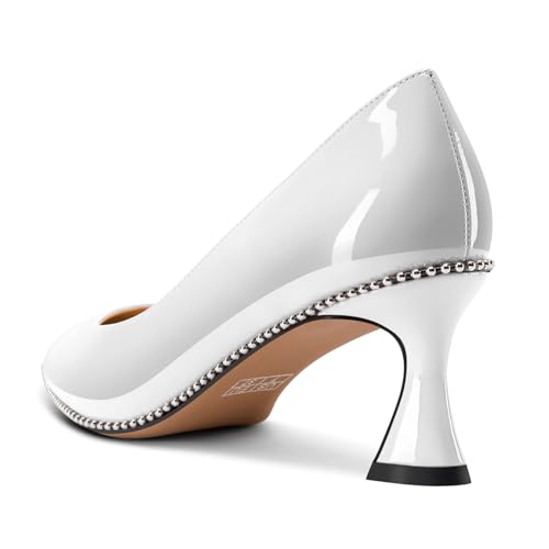 Image of TNYNFBEB Womens Kitten Heel Pointed Toe Pumps Slip-on Sliver Beaded Prom Wedding Dress Basic Classic Patent Leather Summer 2.6 Inches Heels