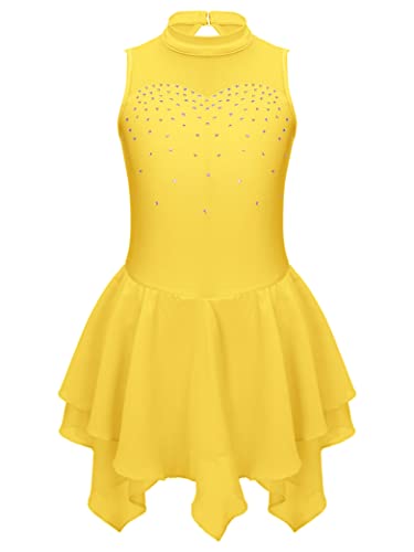 Kvysinly Kinder Mädchen Eiskunstlauf Kleid mit Strass Tanzkleid Glitzer Kürkleid Rollkunstlauf Balletkleid Tanz Training Wettbewerb Outfit Gelb A 134-140