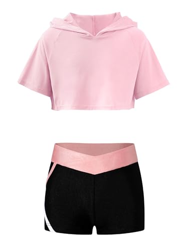 Aislor Conjunto Deportivo Niñas Crop Top Manga Corta y Pantalones Cortos Deportivos Ropa de Danza Baile Infantil Traje Ropa Deportivo Yoga Gimnasia Verano A Rosa 9-10 años
