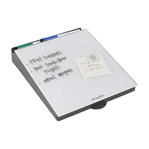 MessageStor Glass Board Memo Station, 10 in x 12.5 in Glass Dry-Erase Surface, Whiteboard Angled Desktop Pad with Accessory Storage and Built-In Smart Phone Charger Organizer