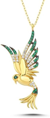 Kayra Mücevher Prenses Anka Kuşu Kolye - 14 Ayar Altın, 925 Ayar Gümüş (Yeşil Gümüş) - Görsel 1