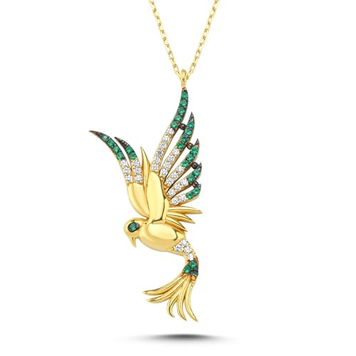 Kayra Mücevher Prenses Anka Kuşu Kolye - 14 Ayar Altın, 925 Ayar Gümüş (Yeşil Gümüş)