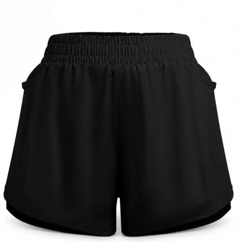 Image of RubyTint Womens 2 in 1 Running Shorts High Waisted Quick Dry Gym Shorts with Zipped Side Pockets (Black-S)