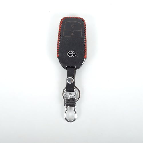 Image of Leather Smart Car Key Cover Case with Metal Hook Keychain Toyota Fortuner, Innova Crysta (Black)
