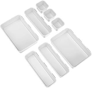 OMEW Desk Drawer Organisers, 8 Pcs Interlocking Drawer Dividers 3-Size Versatile Plastic Storage Box Makeup Oganiser Trays for Bathroom Bedroom Dresser Kitchen Office (White)